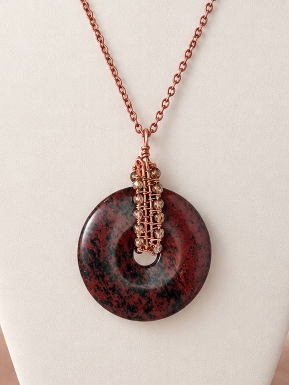 Mahogany Jasper Donut Necklace Copper Wire Wrapped Czech Glass 24” 45mm Handmade